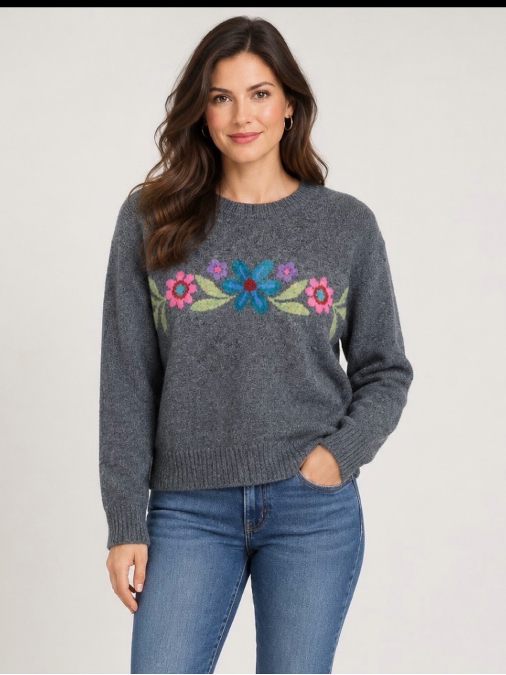 NATURAL LIFE Gray Crewneck Sweater Pink & Blue Floral SZ L Boho Cottagecore